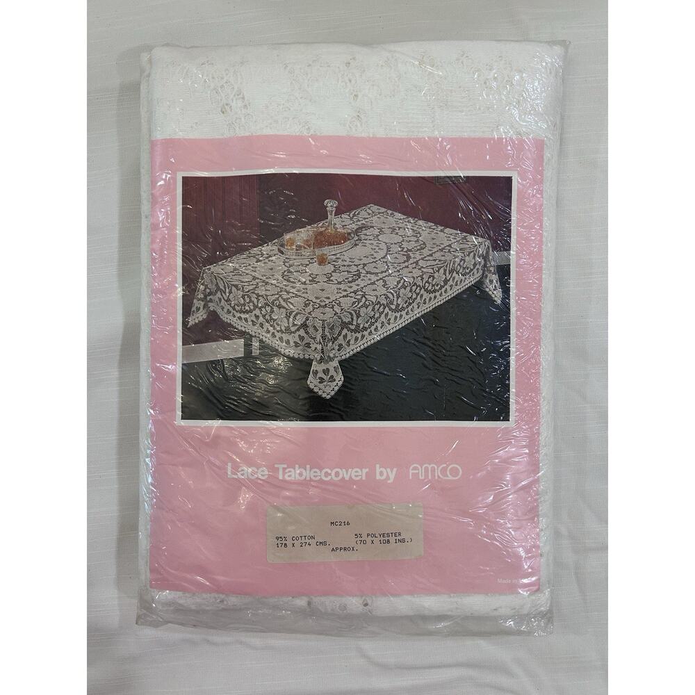 Vtg NOS Cotton Lace Tablecloth By Amco, Made In UK. 70” X 108”